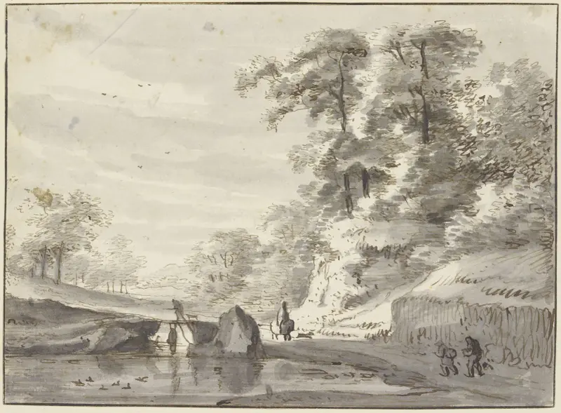 Am Rande eines Waldes führt ein Weg über einen Steg, auf dem Wasser Enten av Roelant Roghman