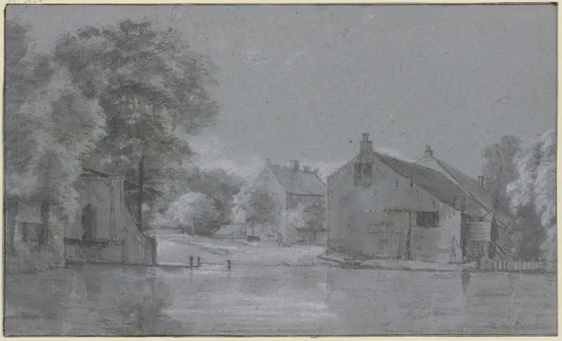 Ein Dorf mit Baumgruppen an einem Fluss von Roelant Roghman