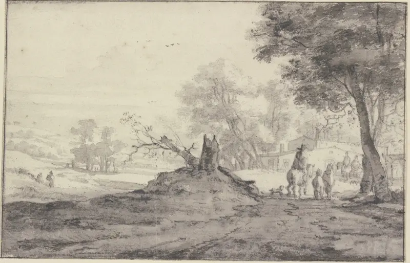Landschaft mit Bäumen und Häusern, in der Mitte die Reste eines abgehauenen Baumes, Reiter und Fußgänger av Roelant Roghman