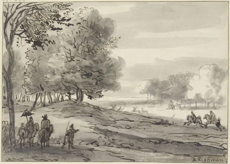 Landschaft mit einer Parforcejagd, links eine Dame zu Pferde mit einem Sonnenschirm av Roelant Roghman