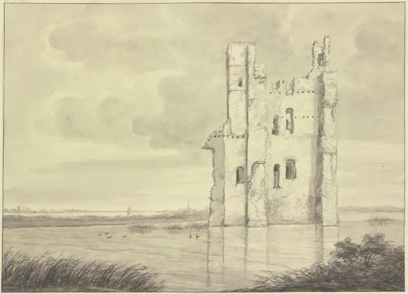 Turmruine im Wasser stehend (Huis te Merwede, Dordrecht) av Roelant Roghman