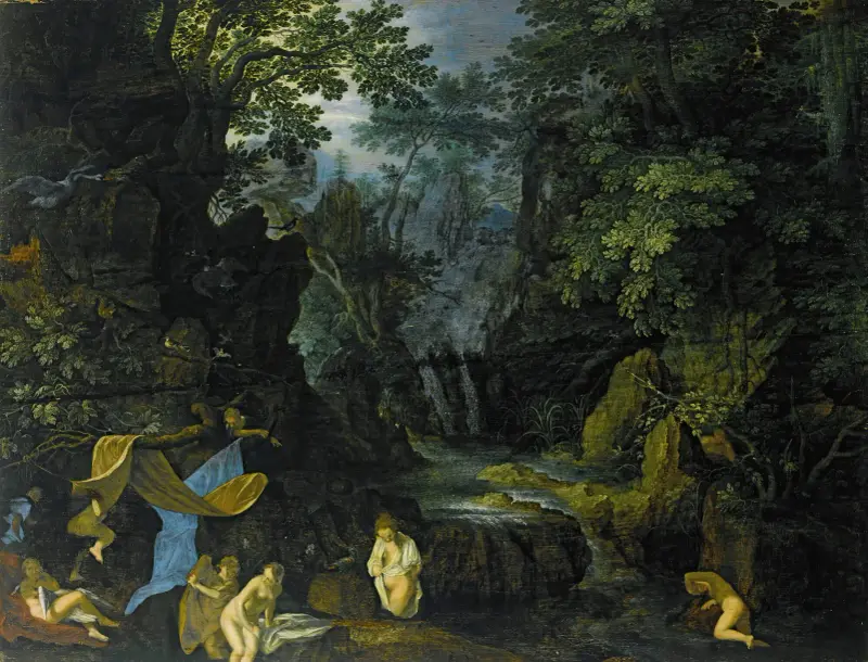 Eine Waldlandschaft mit badenden Nymphen und Leda mit dem Schwan von Roelant Savery