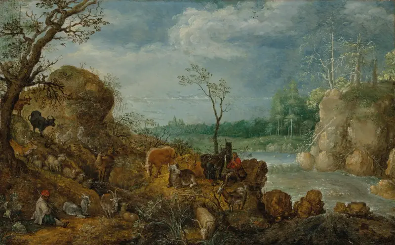 Flusslandschaft mit musizierenden Hirten unter Tieren von Roelant Savery