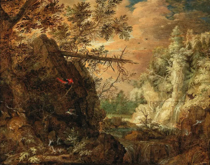 A rocky wooded landscape with a waterfall av Roelant Savery