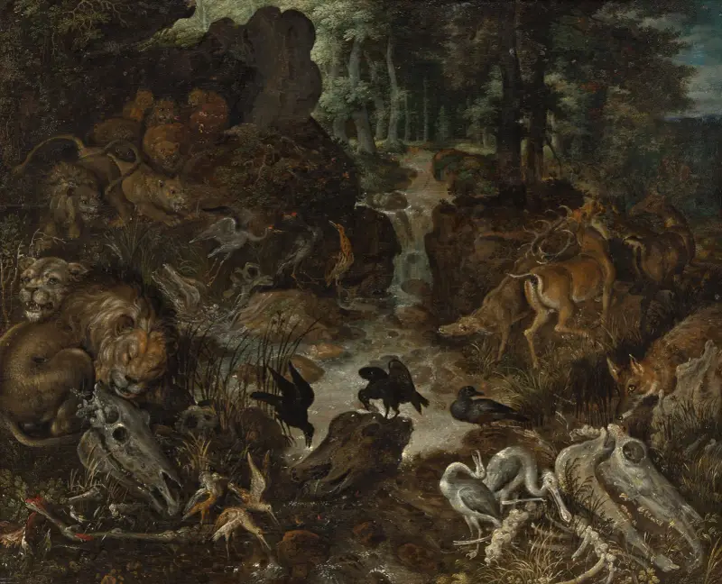 Lions and Fox in a Rugged Landscape av Roelant Savery