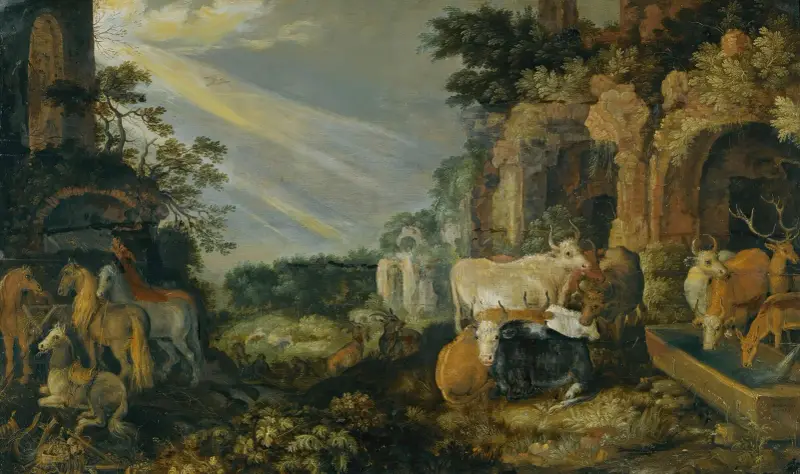 Paradiesische Landschaft mit Pferden, Kühen, Ziegen und Hirtinnen von Roelant Savery