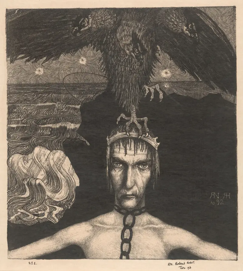 Geketende man met driekoppige roofvogel op het hoofd av Richard Nicolaüs Roland Holst
