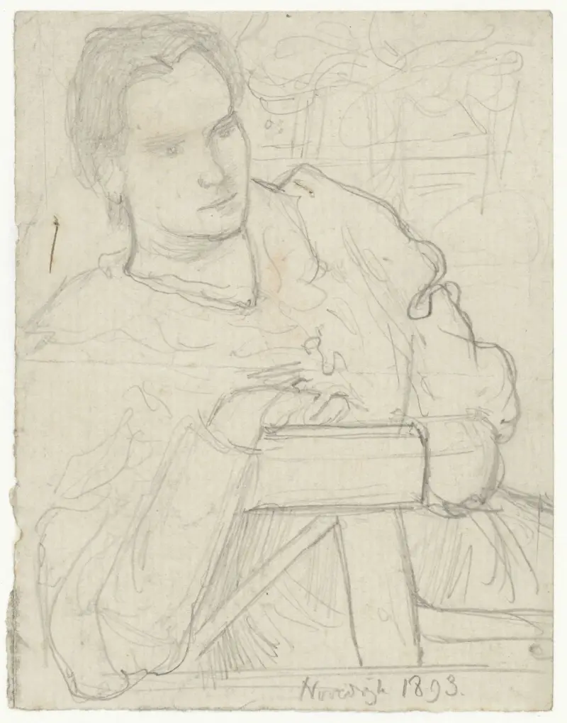 Henriëtte Roland Holst-van der Schalk sittande i en trädgård av Richard Nicolaüs Roland Holst