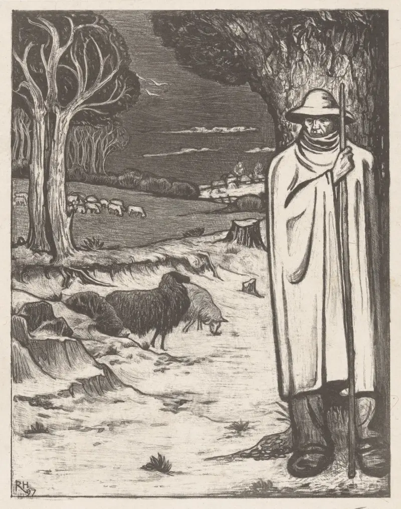 Herde med fårflock i ett kuperat landskap av Richard Nicolaüs Roland Holst