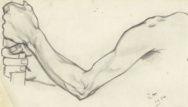 Studie av en vänsterarm som håller en käpp av Richard Nicolaüs Roland Holst