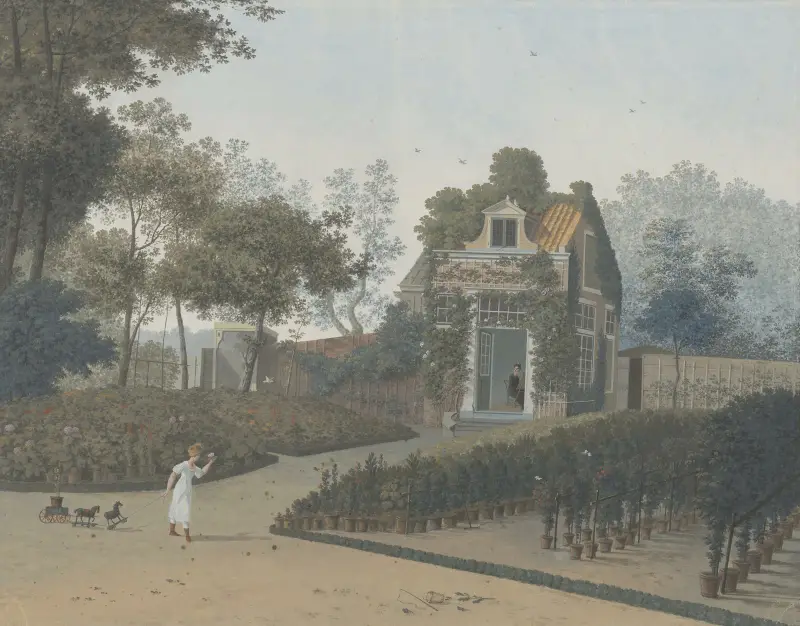 Bloemisterij van A.C. en H. van Eeden, tuin met tuinhuisje (Wagenweg) av Henriëtte Ronner-Knip