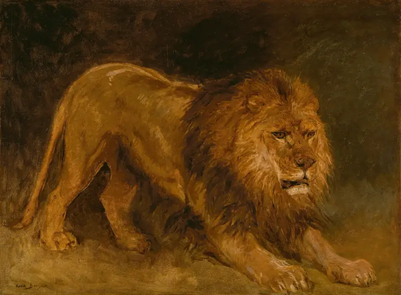 Löwe auf Beute lauernd von Rosa Bonheur