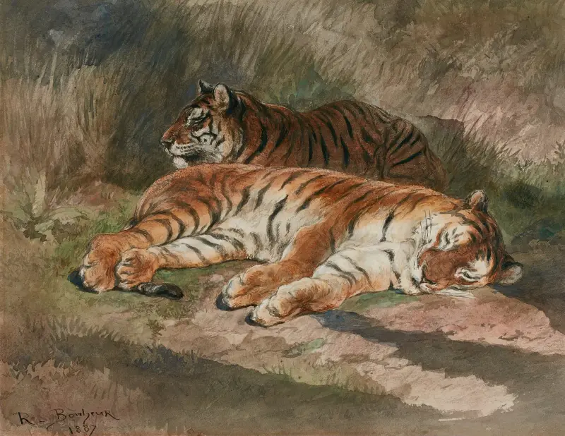 Zwei liegende Tiger von Rosa Bonheur