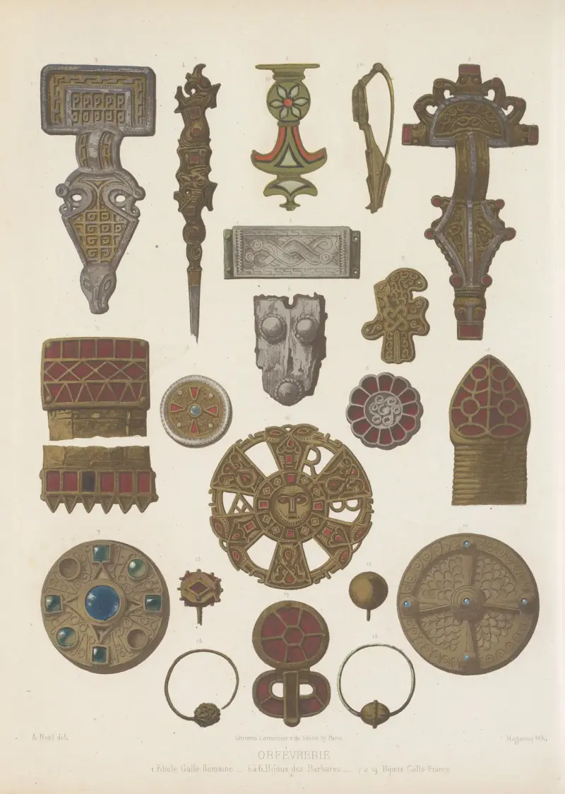 1 Fibula gallo-romaine – 2 bis 6. Schmuck der Barbaren – 7 bis 9 gallo-römischer Schmuck von Joseph Rose Lemercier