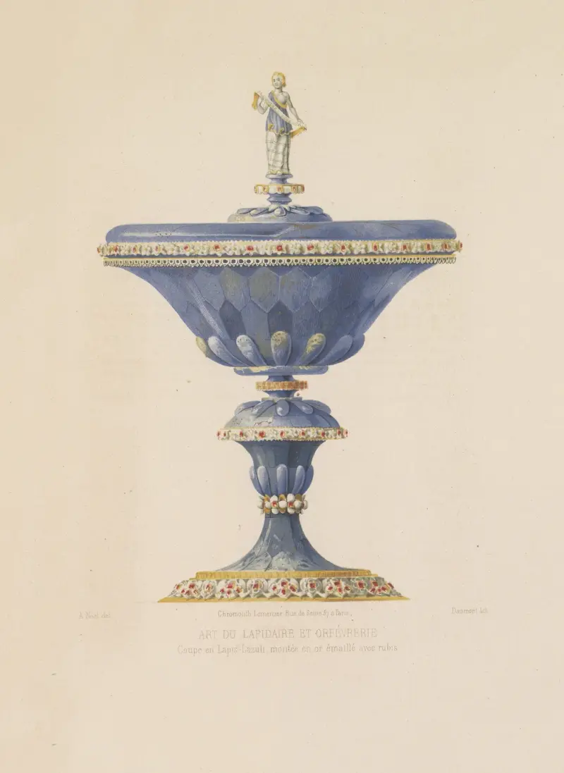 Lapis Lazuli-skål monterad i emaljerat guld med rubiner av Joseph Rose Lemercier