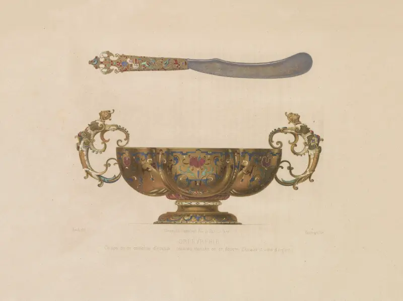 Vergoldete Schale mit Emailleverzierung – Messer mit Goldgriff, verziert mit Emaille und Silberlamé von Joseph Rose Lemercier