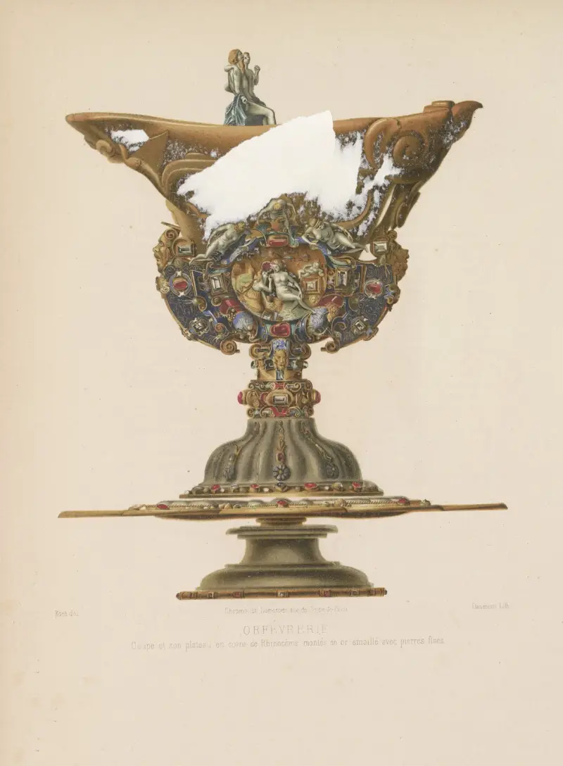 Pokal och dess fat i noshörningshorn monterade i guld, emaljerade med ädelstenar av Joseph Rose Lemercier