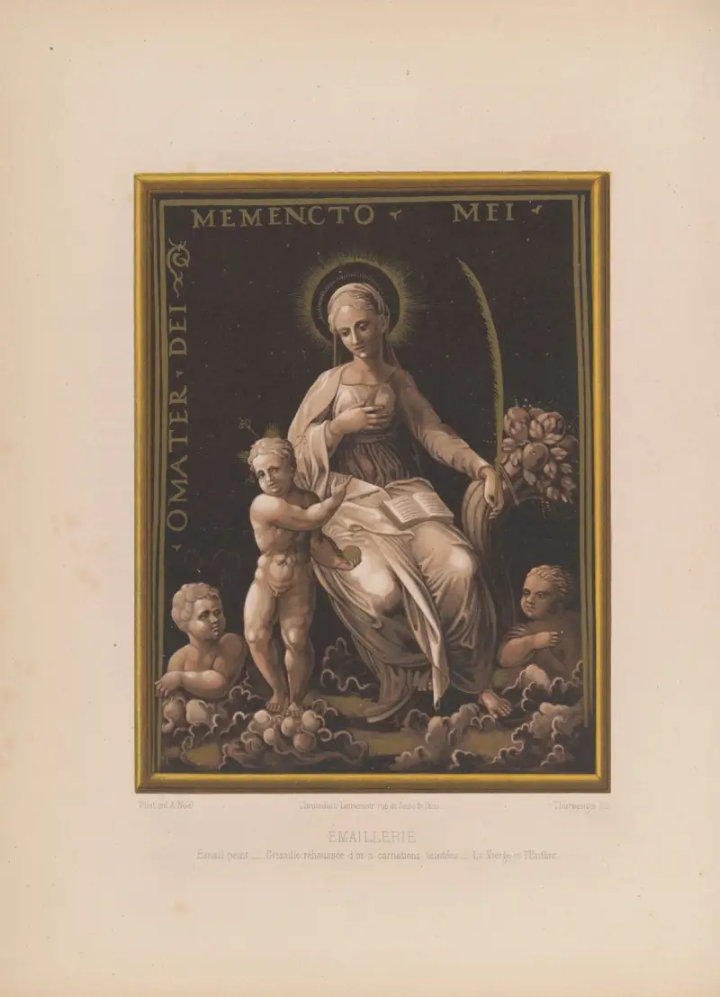 Målad emalj, grisaille med förgyllda detaljer och tonade inkarnat, Jungfrun och Barnet av Joseph Rose Lemercier