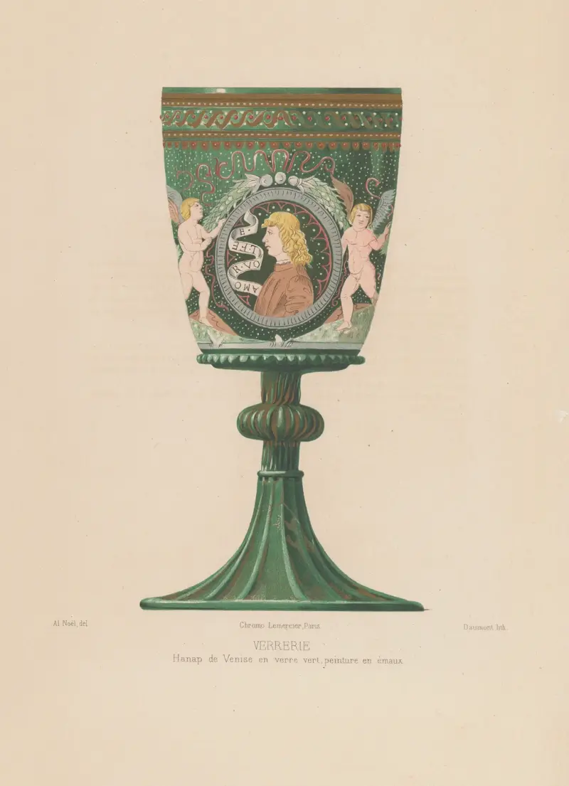 Hamap de Venise en verre vert, peinture en émaux av Joseph Rose Lemercier