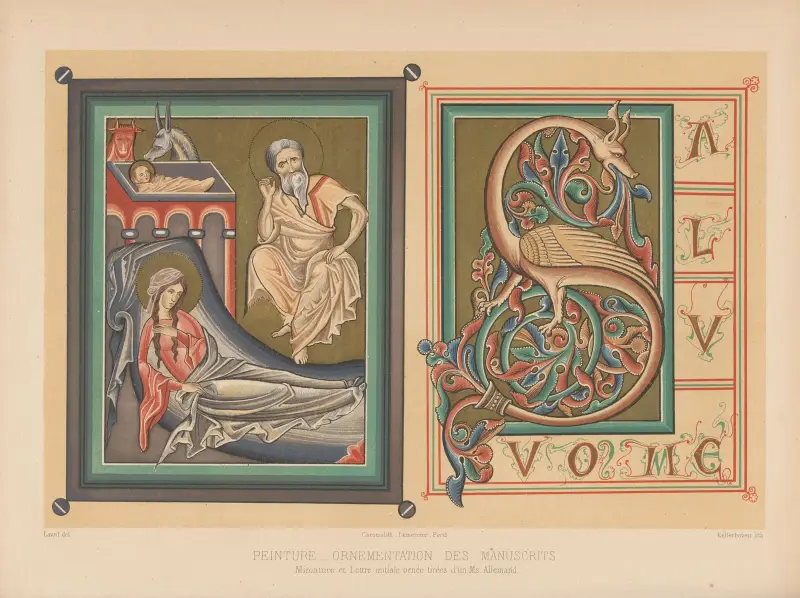 Miniatyr och anfang prydd med ornament ur ett tyskt manuskript av Joseph Rose Lemercier