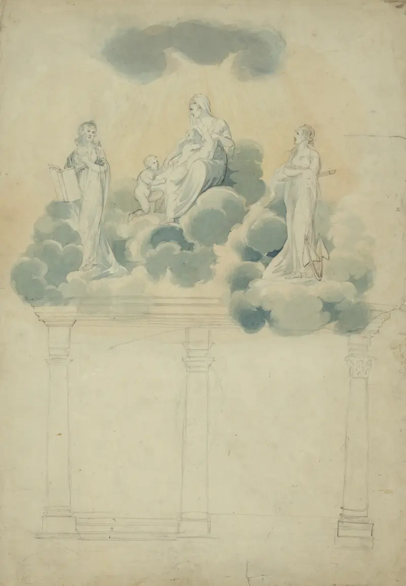 Allegorical scene of female figures in clouds atop columns av John Rubens Smith