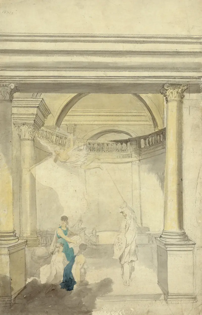 Allegorical scene of interior with columns, Minerva, Fame, and other figures av John Rubens Smith