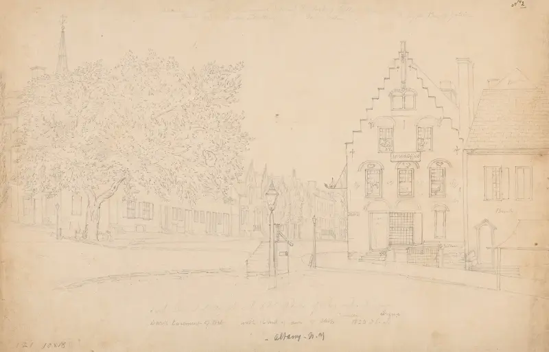 Argus newspaper office on State Street in Albany and surrending homes and churches av John Rubens Smith