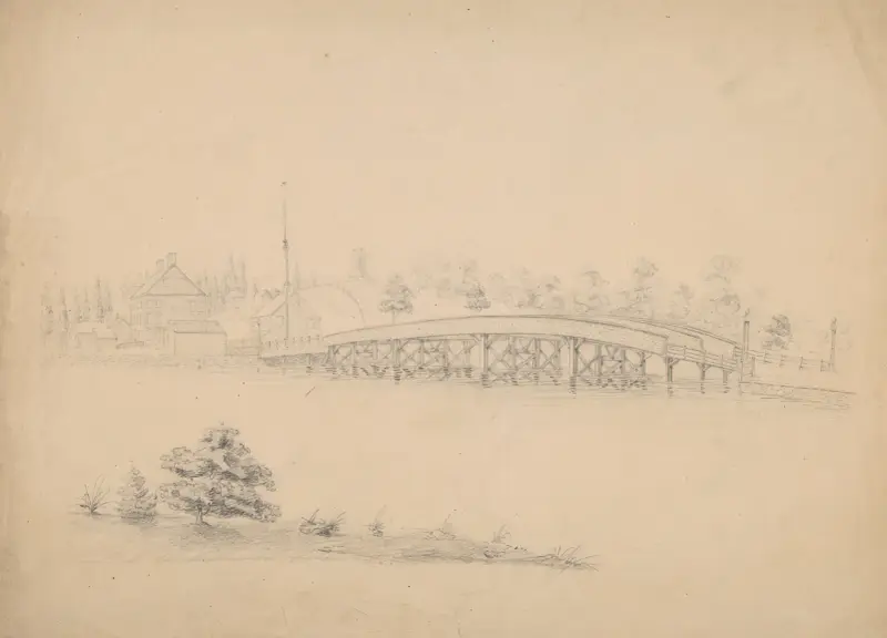 Bridge with wooden truss with houses and a mill on the far side of the water, perhaps related to Ipswich, Massachusetts av John Rubens Smith