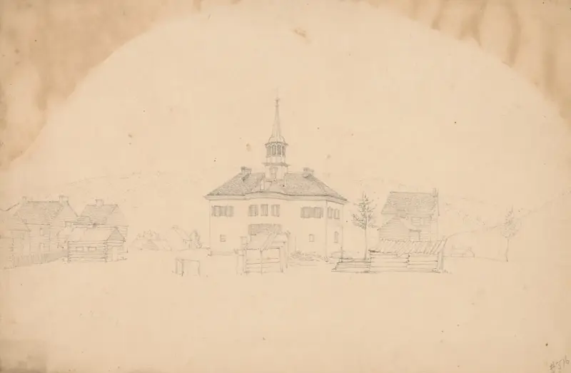 Building with a cupola, perhaps residential, besides log buildings, perhaps quarters for enslaved workers av John Rubens Smith