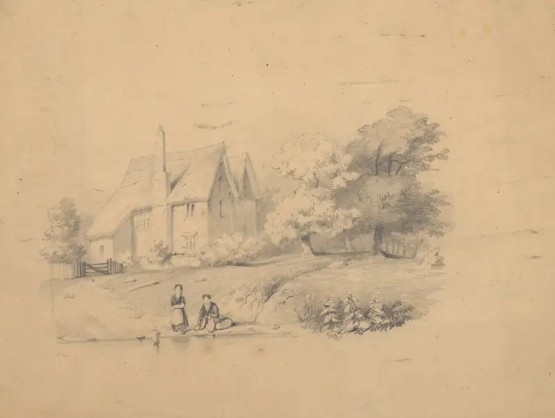 Barn som leker vid vattenbrynet nära en lantstuga av John Rubens Smith