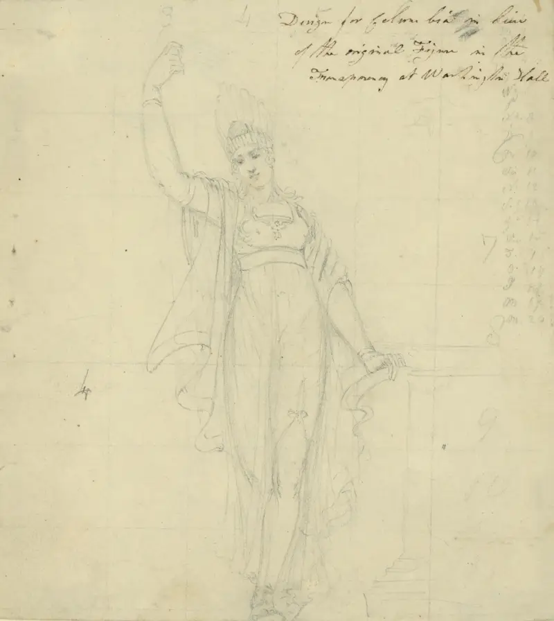 Design för Columbia i stället för originalfiguren i transparensen vid Washington Hall av John Rubens Smith