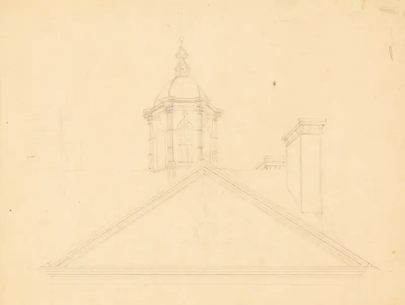 Detaljvy av kupol, pediment och fris på en stor offentlig byggnad i Charleston, South Carolina av John Rubens Smith