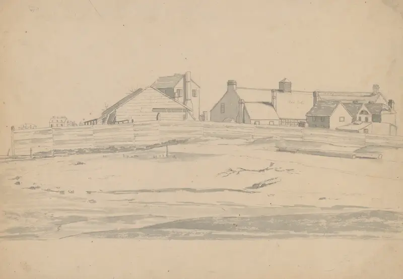 Fabriksområde sett från stranden, möjligen vid Ipswich, Massachusetts av John Rubens Smith
