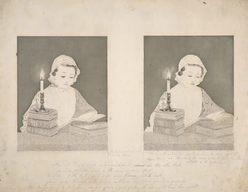 Flicka läsande vid levande ljus på böcker av John Rubens Smith