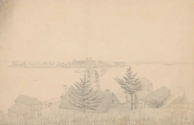 Governor’s Island as seen from the hills over Pierpont’s [i.e. Hezekiah B. Pierrepont] mill and distillery, Brooklyn av John Rubens Smith