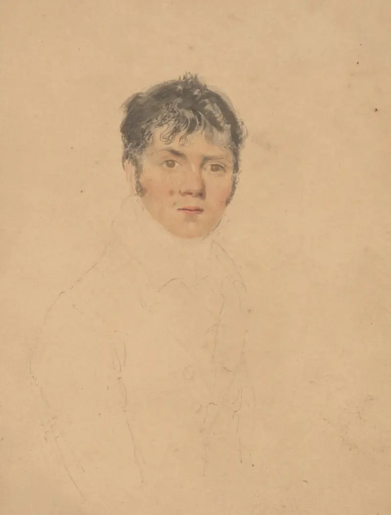 Half portrait of a gentlemen, body outlined in pencil, face in watercolor av John Rubens Smith