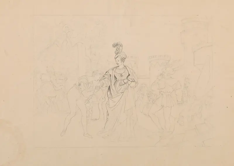 Historische Illustration eines Höflings, der einer Dame in einem Schlosshof die Hand küsst von John Rubens Smith