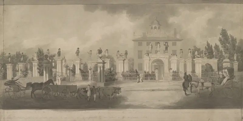 Heim von Lord Timothy Dexter, Newburyport, Massachusetts, mit Holzstatuen auf Säulen und Passanten, die die Aussicht genießen von John Rubens Smith