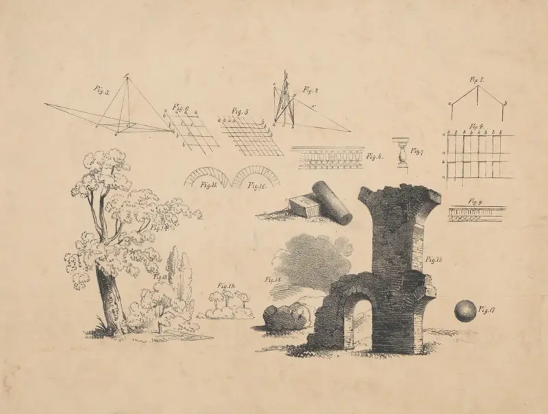 Instruktionsplansch för teckning med geometriska figurer, träd och en skorsten av John Rubens Smith