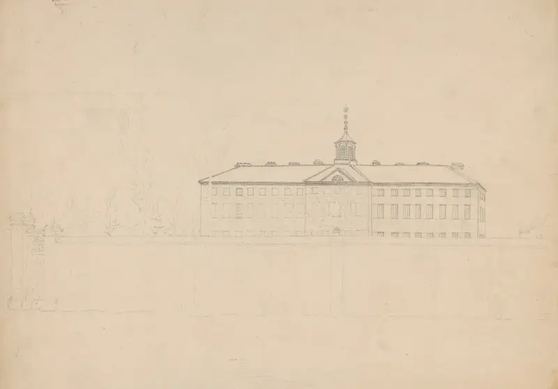 Stor byggnad med kupol bakom hög mur av John Rubens Smith