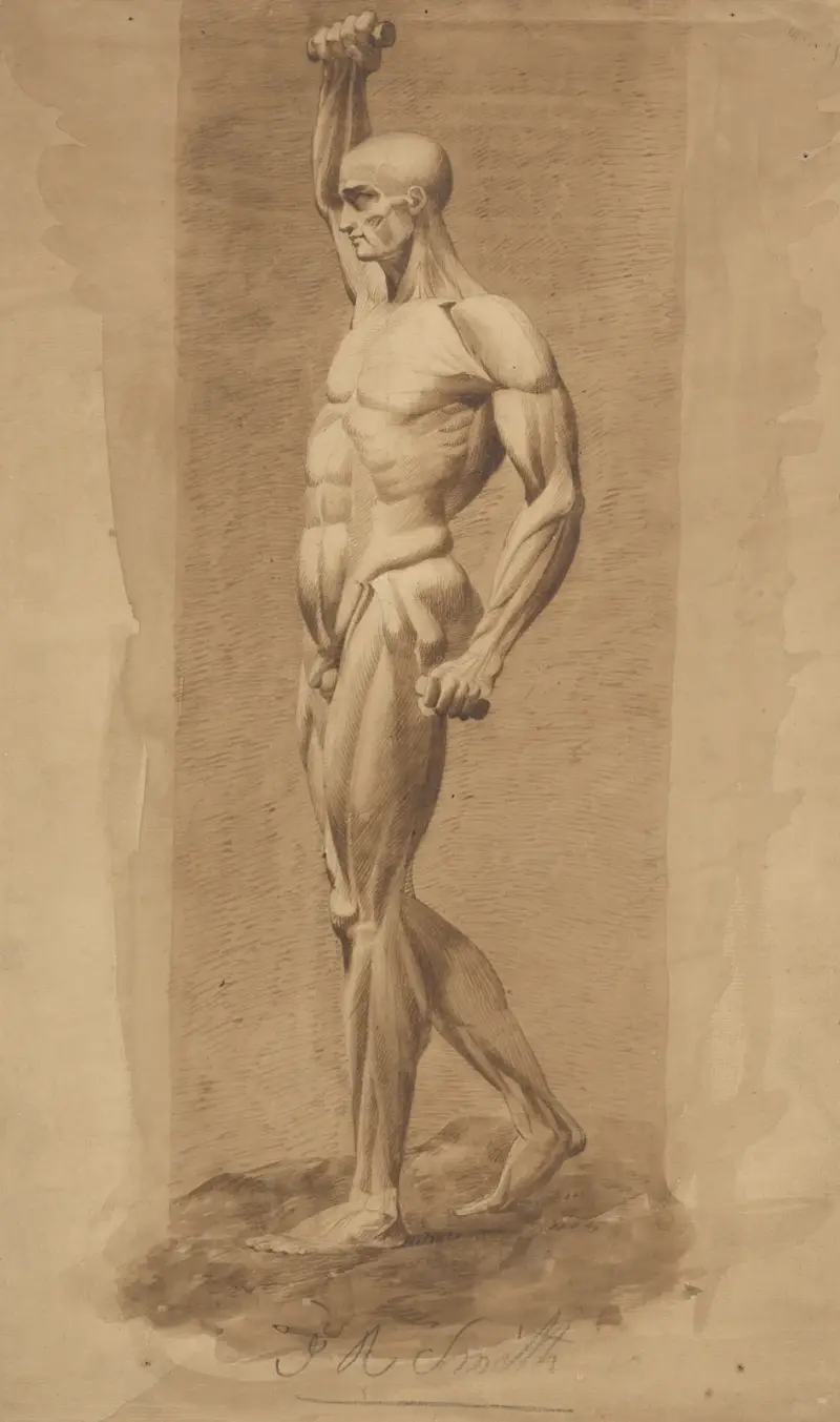 Manlig figur, naken, händer som griper stavar, höger arm upplyft, sedd från sidan av John Rubens Smith