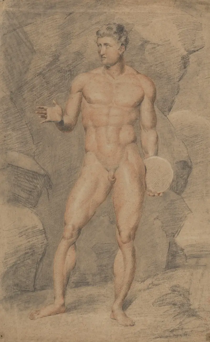 Manlig figur, naken, hållande diskus, höger arm utsträckt, sedd framifrån av John Rubens Smith