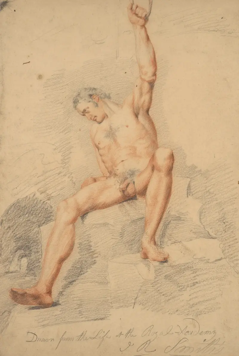 Manlig figur, naken, sittande, vänster arm uppsträckt och greppande ett rep, framifrån av John Rubens Smith