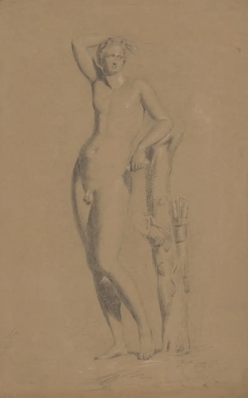 Manlig figur med höjd högerarm, lutad mot trädstam, framifrån av John Rubens Smith