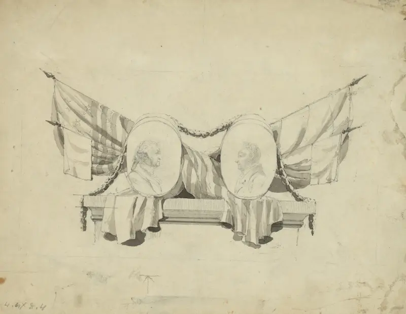Medaljongporträtt av Washington och Lafayette på sockel draperad med flaggor av John Rubens Smith