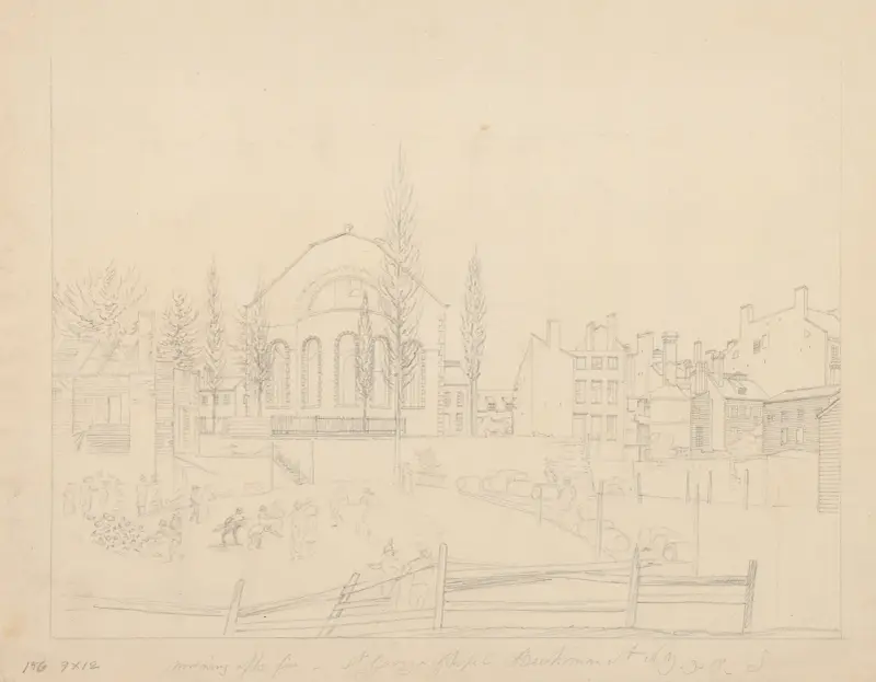 Morgonen efter branden, St. George-kapellet, Beekman Street, New York av John Rubens Smith