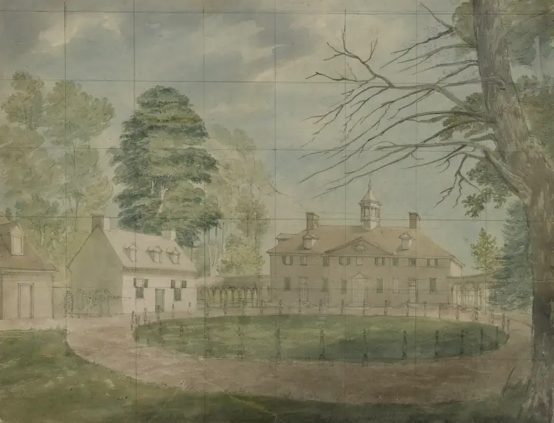 Mount Vernon with outbuildings shown from the far side of the driveway av John Rubens Smith
