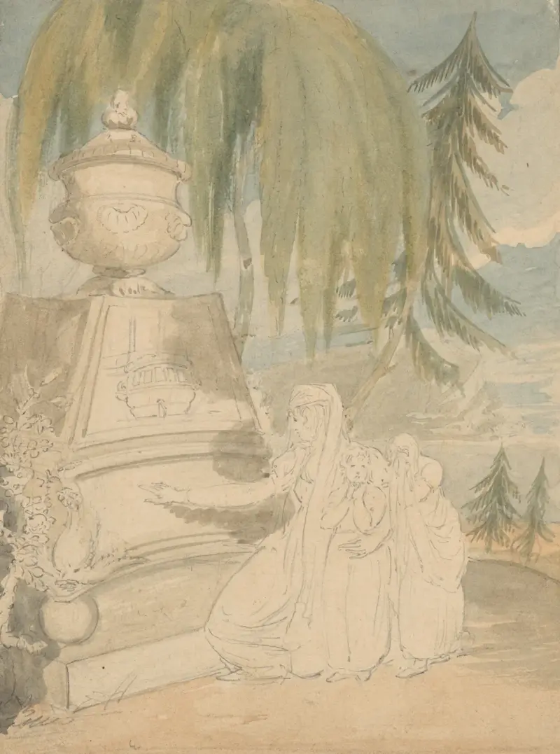 Sorgscen med knäböjande mor och två barn vid monument under cypress- och pinjeträd av John Rubens Smith