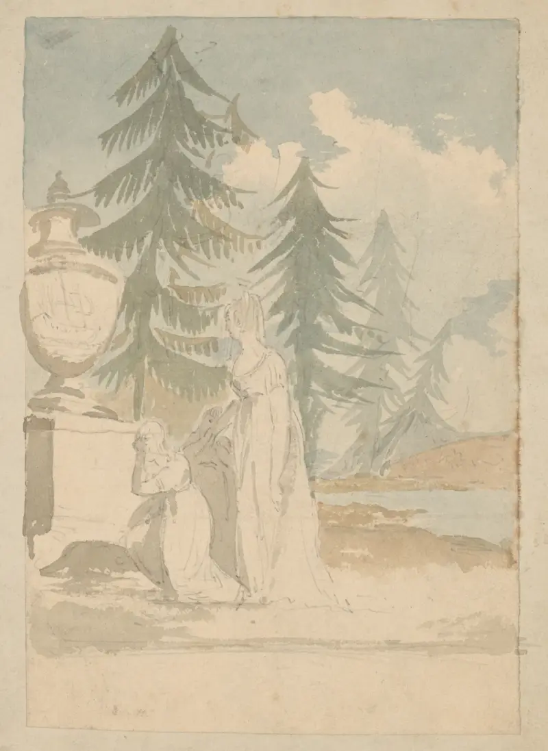 Sorgscen med mor och två barn vid monument nära pinjeträd av John Rubens Smith