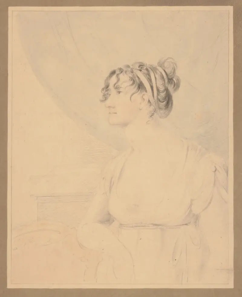 Mrs. J.R. Smith, Elizabeth Pepperell Sanger, inomhus lutad mot en stol av John Rubens Smith